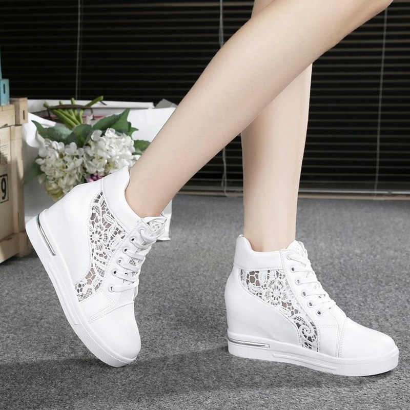 Women Wedge Platform Sneakers Rubber Leather High heels Lace Up Shoes Pointed Toe Height Increasing 