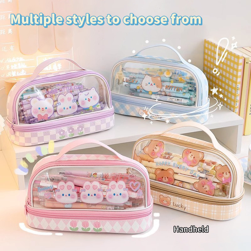 

Kawaii Cartoon Large Capacity Transparent Double Layer Pencil Case Cartoon Stationery Pen Bag