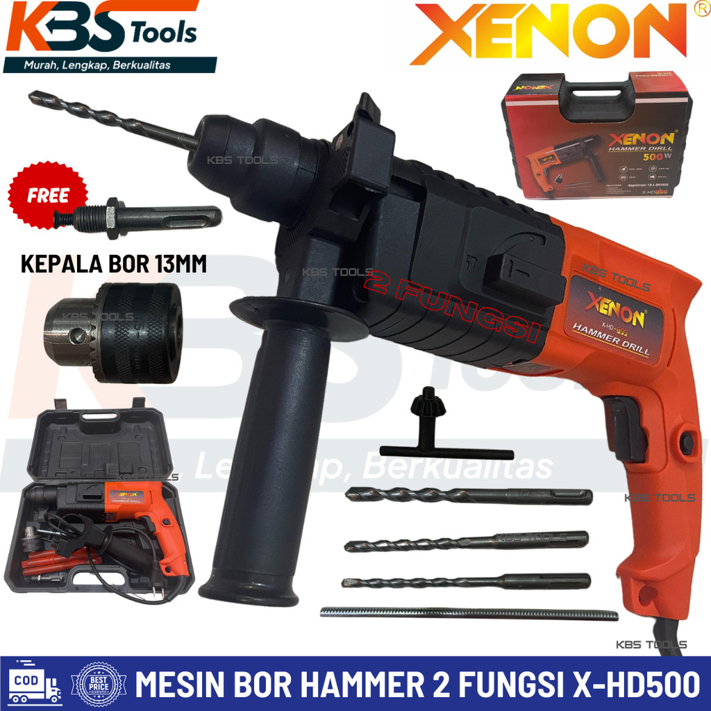 Rotary Hammer Drill 2-20 Mesin Bor Bobok Tembok Beton Besi SDS Plus XENON HD500 20 mm 500 Watt Set H