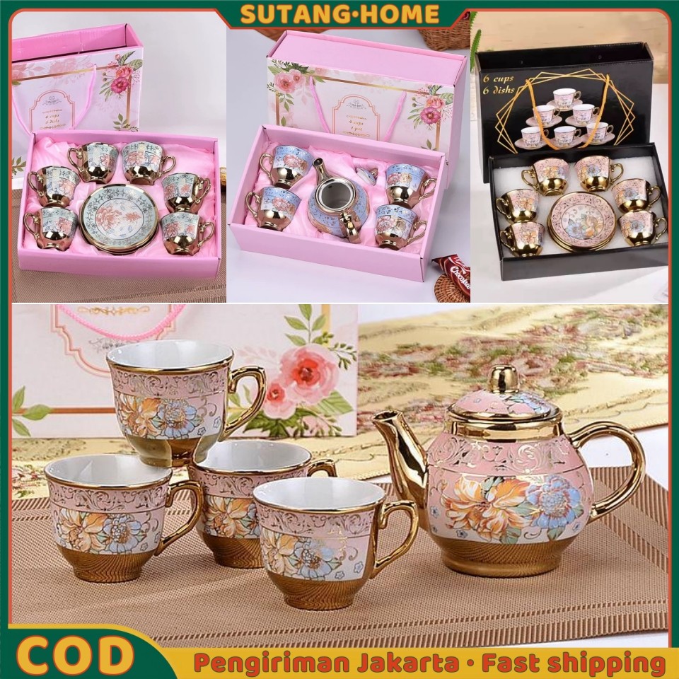 【SUTANG】4 Styles Set Teko Cangkir Piring Keramik European Classic Style / Cangkir Keramik Teapot Mot