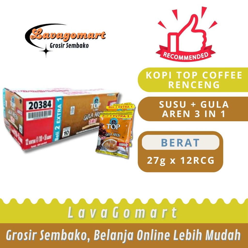 

KOPI TOP COFFEE SUSU + GULA AREN 3 IN 1 SACHET 27g - 1 DUS - LAVAGOMART - BANDUNG