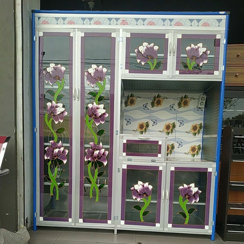 [MYMEBEL88] Rak Piring Kaca Keramik 4 Pintu - Rak Piring Aluminium 4 Pintu  Motif Bungga - Medan