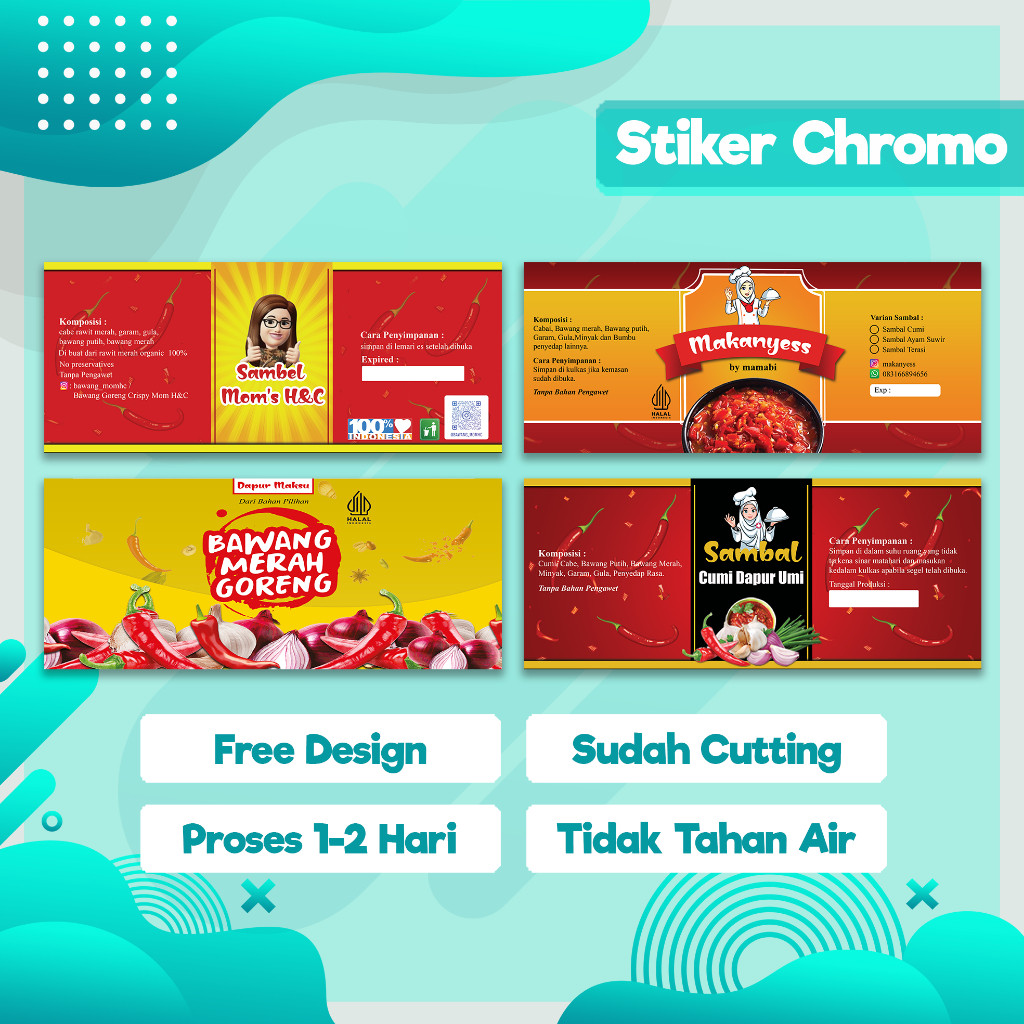 

PROMO AMBYAR CETAK LABEL/STIKER BOTOL KEMASAN 100gr, 150gr, 200gr, STIKER SAMBAL, STIKER SEBLAK, STIKER BOCI DLL (Bahan Chromo) TERBAIK