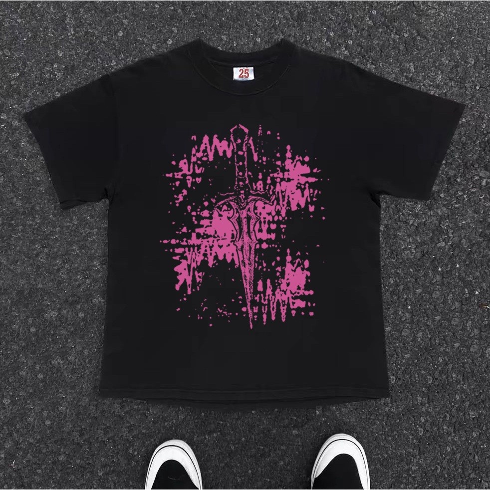 EC American retro Style T-shirt Oversize Original Trend kembang api Print top| Kaos Wanita Hitam | K