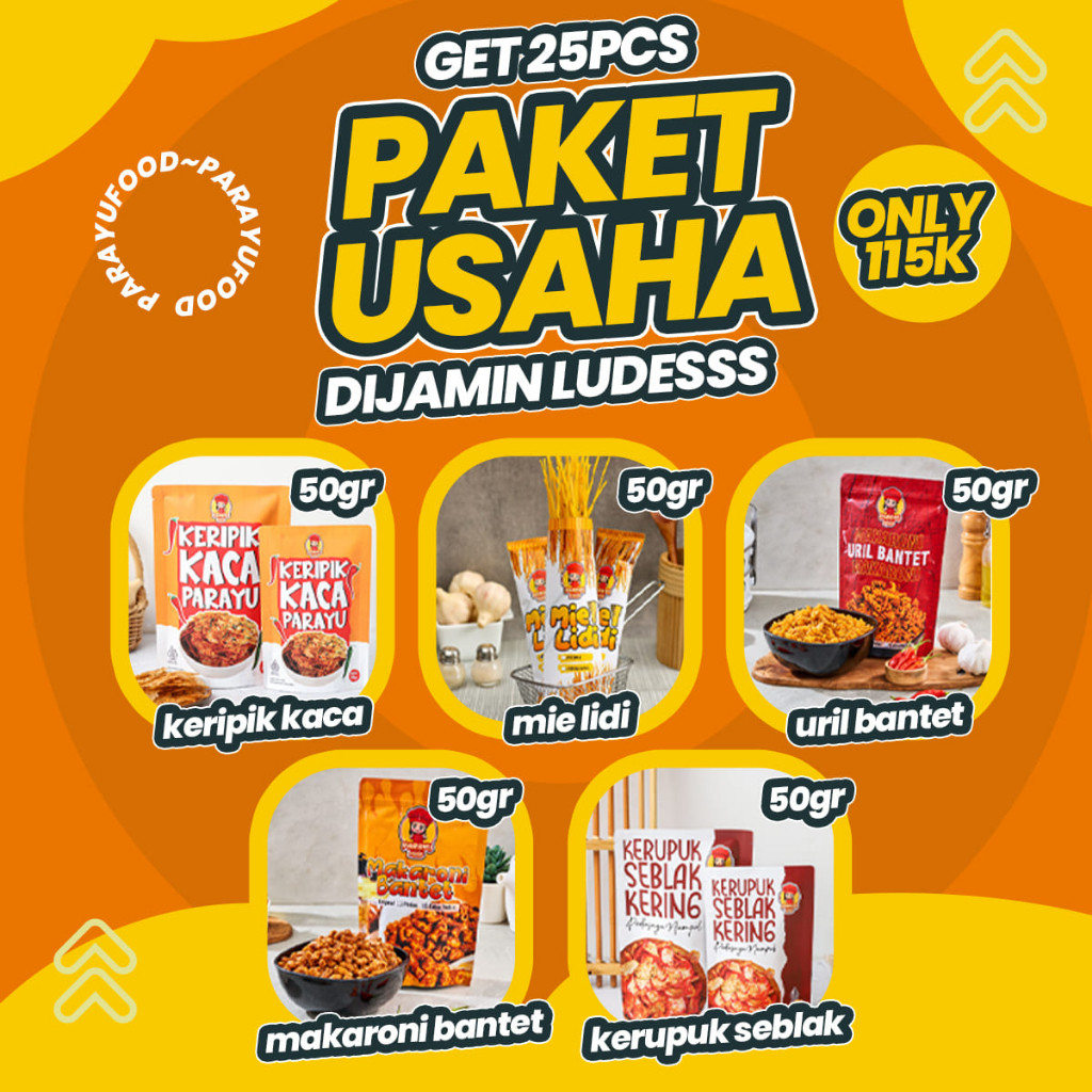 

[ MaksQ ]Parayu Food - Paket Usaha Dapat 25 Pcs Ukuran 50gr Varian Bareng Kripca Lidi Makaroni Urill Bantet Kerupuk Basreng