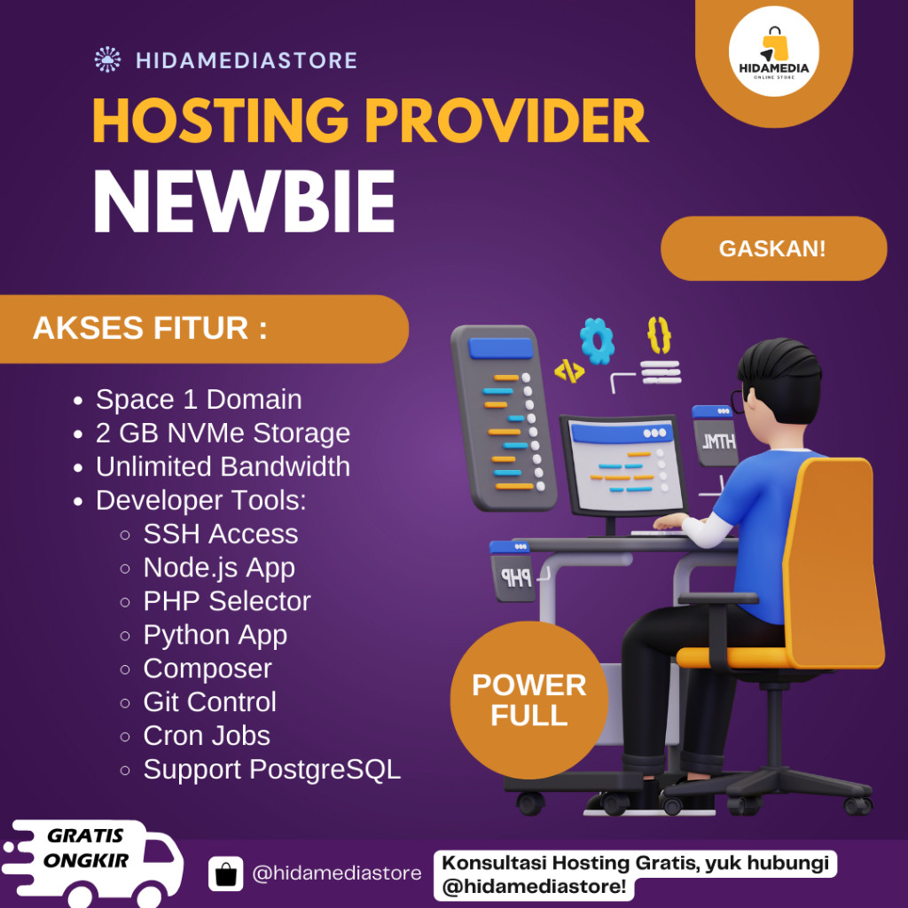 Hosting Newbie – Space 1 Domain, 2 GB NVMe, Bandwidth Unlimited & Gratis Domain 1 Bulan