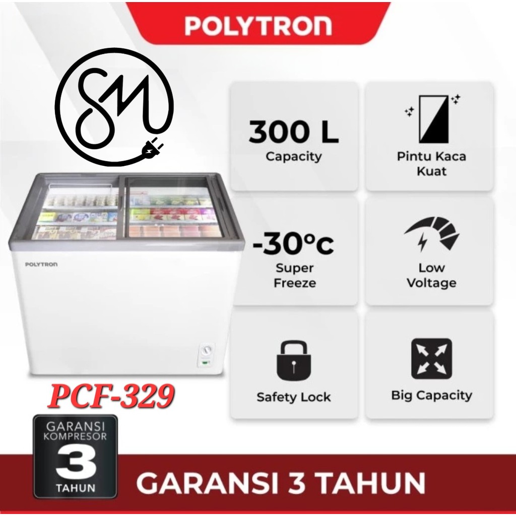 Chest Freezer Polytron PCF-329 300 Liter PCF329 Sliding Flat Glass Geser