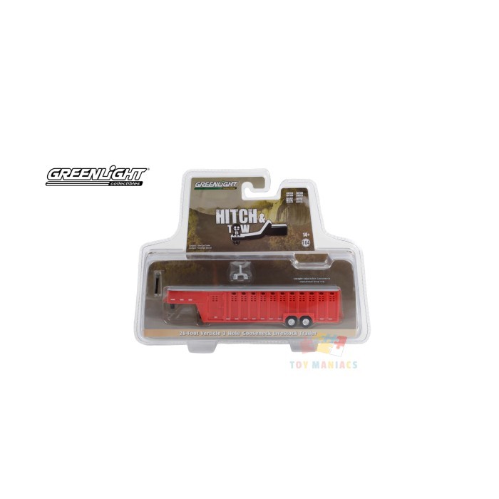 Diecast Greenlight 26ft Three Hole Gooseneck Livestock Trailer Red Hitch & Tow