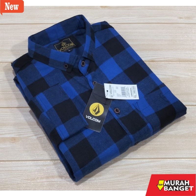 kemeja kotak kotak cowok Kemeja Flanel Pria Kotak Biru Hitam Hem Slim Fit Lengan Panjang