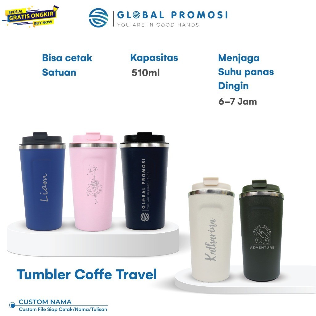 Tumbler Coffee Travel Mug Custom Gelas Minum Stainless 510ml Cetak Nama / Logo Laser Grafir