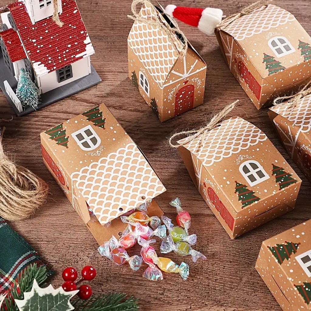 

12/50pcs Pack Gingerbread House Party Favor Boxes, Kraft Paper Candy Chocolate Gift Boxes Gift Packaging