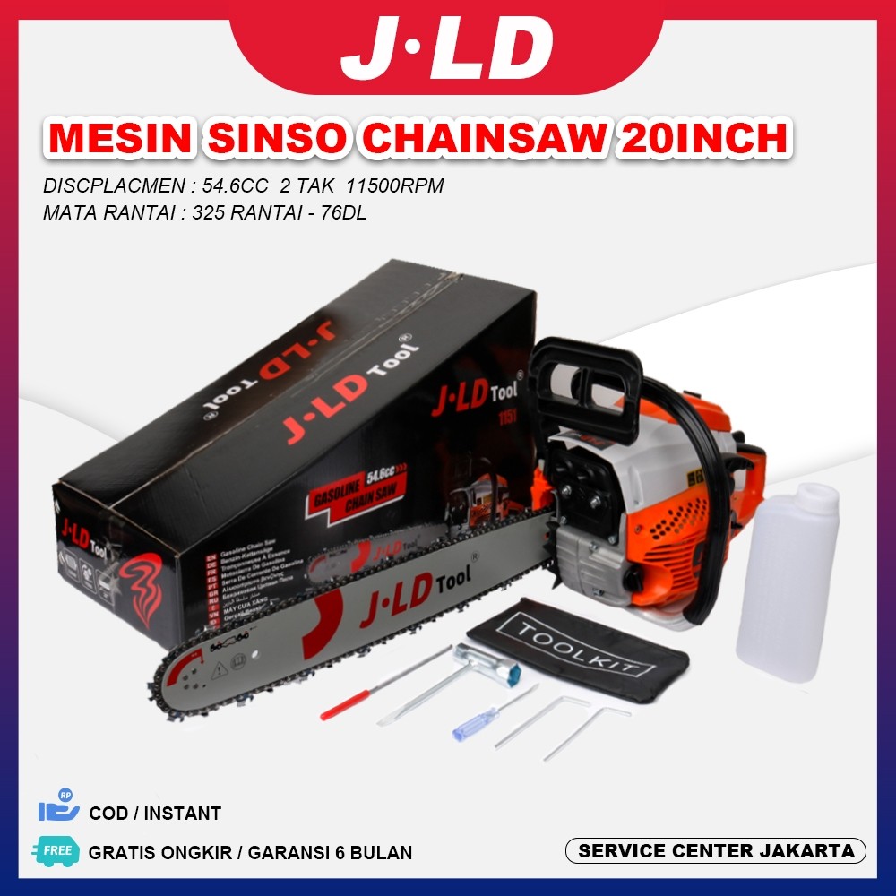 JLD Mesin Potong Kayu 54.6cc mesin sinso Chainsaw 2-tak 20inch Gergaji Potong Pohon Kayu Gergaji  si
