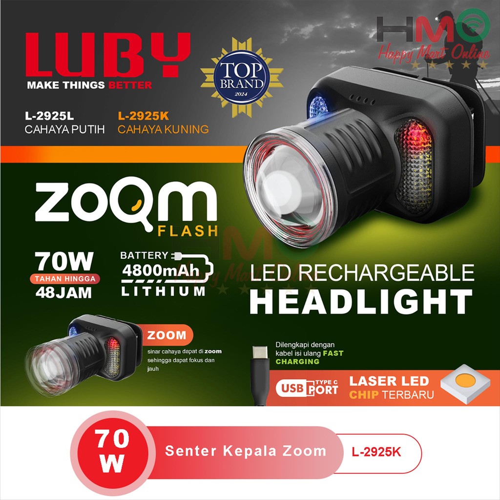 LUBY Senter Kepala Zoom Anti Air 2925 70 W Cahaya Putih Kuning Headlamp 75 Watt Luby L-2925