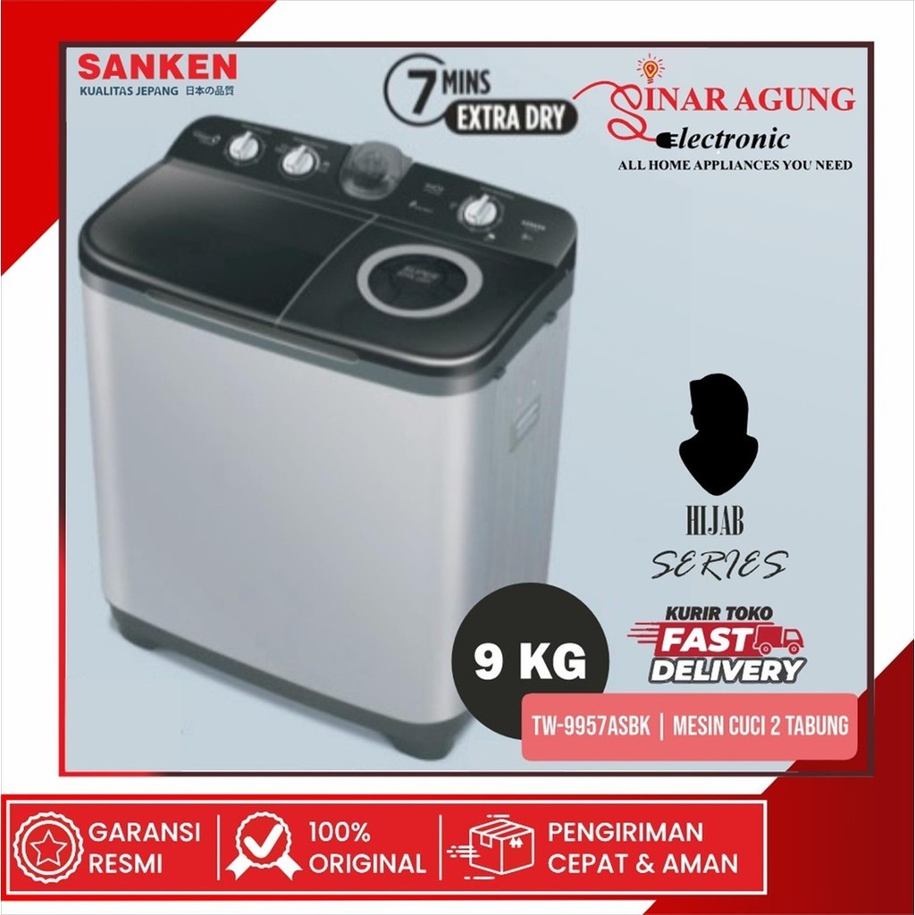 Promo SANKEN TW-9957ASBK / TW9957 MESIN CUCI 2 TABUNG HIJAB SERIES 9KG