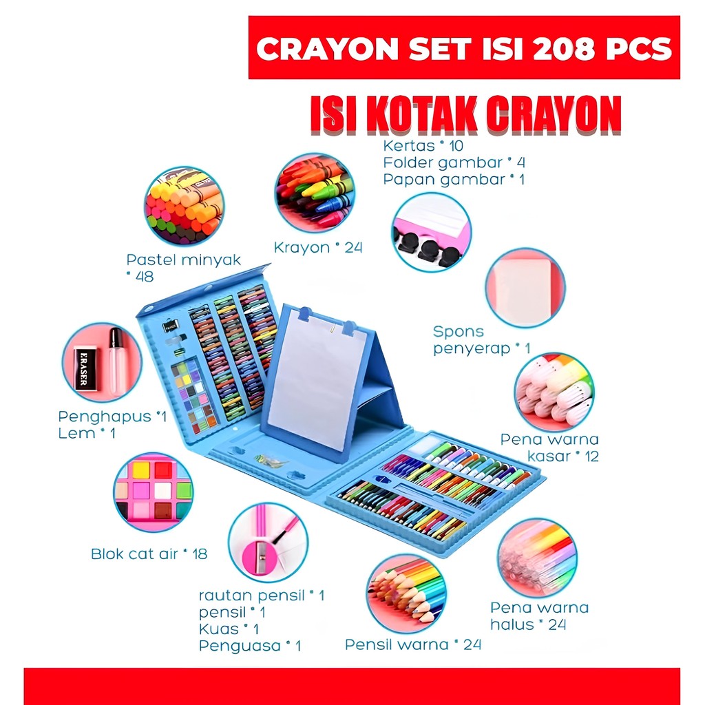 

Crayon set 208pcs Super Mega Art Set |Krayon Pastel Cat Lukis Anak Pensil Warna Art Set Peralatan Menggambar Mewarnai