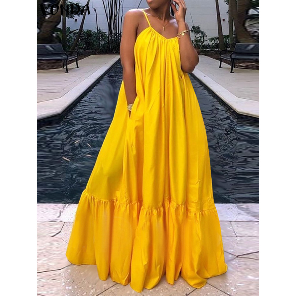 VONDA Women's Summer Dress Spaghetti Strap Sexy Maxi Sundress 2025 Satin Silk Party Beach Vestido Ru