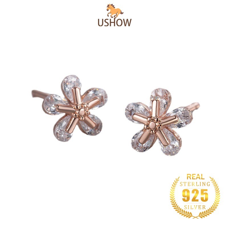 USHOW Anting Bunga Wanita Imut Emas Mawar Zirkon