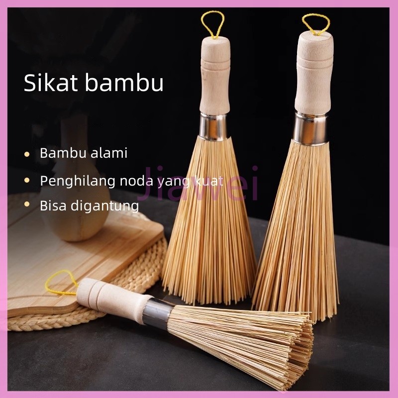 Jiawei Sikat pot bambu, sikat bambu gagang panjang alami, sikat pot, tidak merusak pot dan piring, a