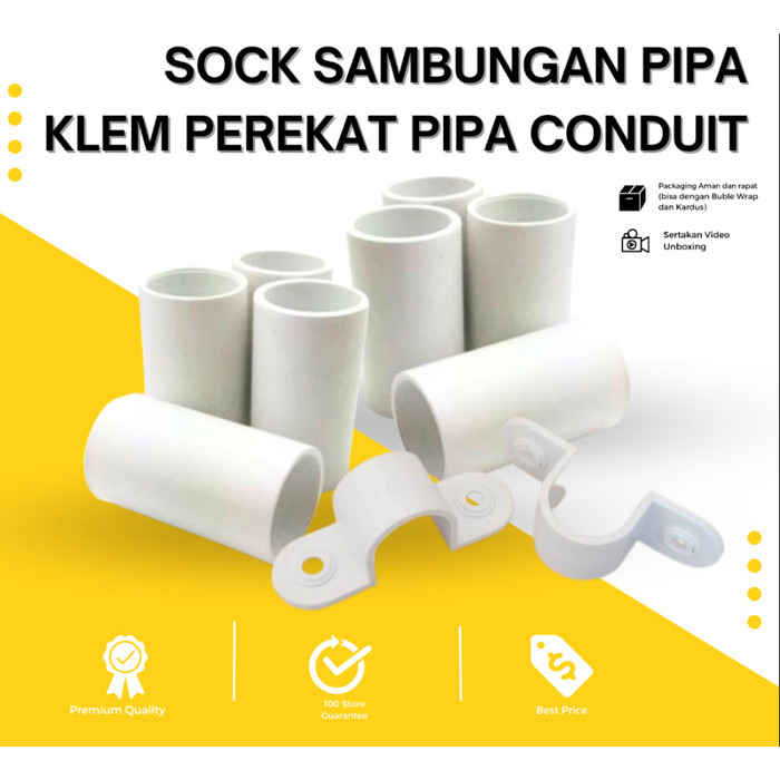 Isi 50 / 25 Pcs Sok Sambungan dan Clamp Jepit Pipa Listrik Conduit 20mm 3/4 Inch Sadel Klem