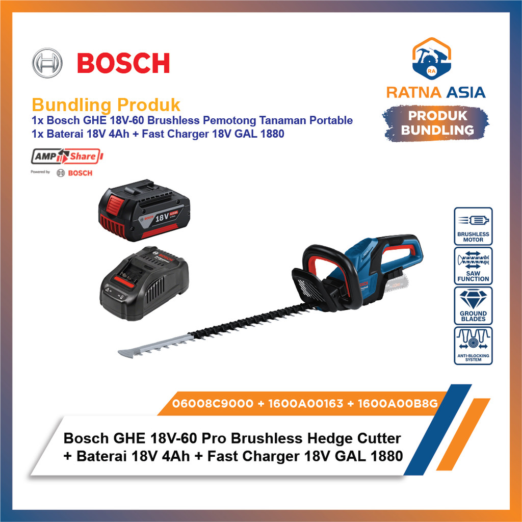 Bosch GHE 18V-60 Brushless Pemotong Tanaman + Baterai 18V 4Ah + Fast Charger 18V GAL 1880 06008C9000
