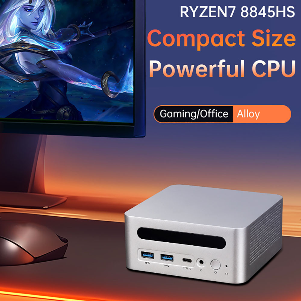 

AMD RYZEN7 8845HS Gaming Mini PC Support WIN10 LINUX with 2xDDR5 2xM.2 2280 Pcie 4xUSB 1xTYPE-C 1xHDMI2.1 2x2.5GbE LAN Computer