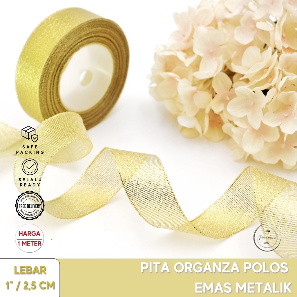 

Pita Kado Hampers Dekorasi Glitter Metalik Polos Emas 2,5 cm 1" Harga Per Meter
