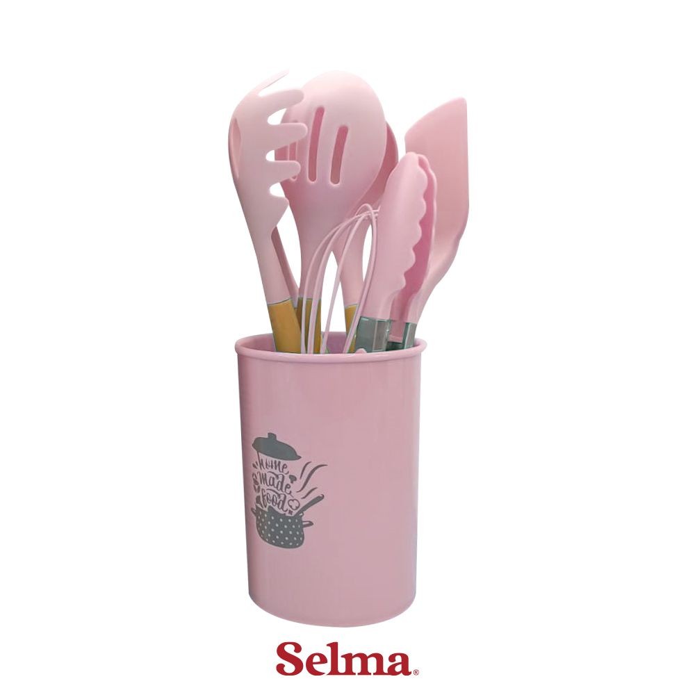 Set 8 Pcs Peralatan Masak Plastik dengan Holder, Warna Pink, Alat Dapur Serbaguna