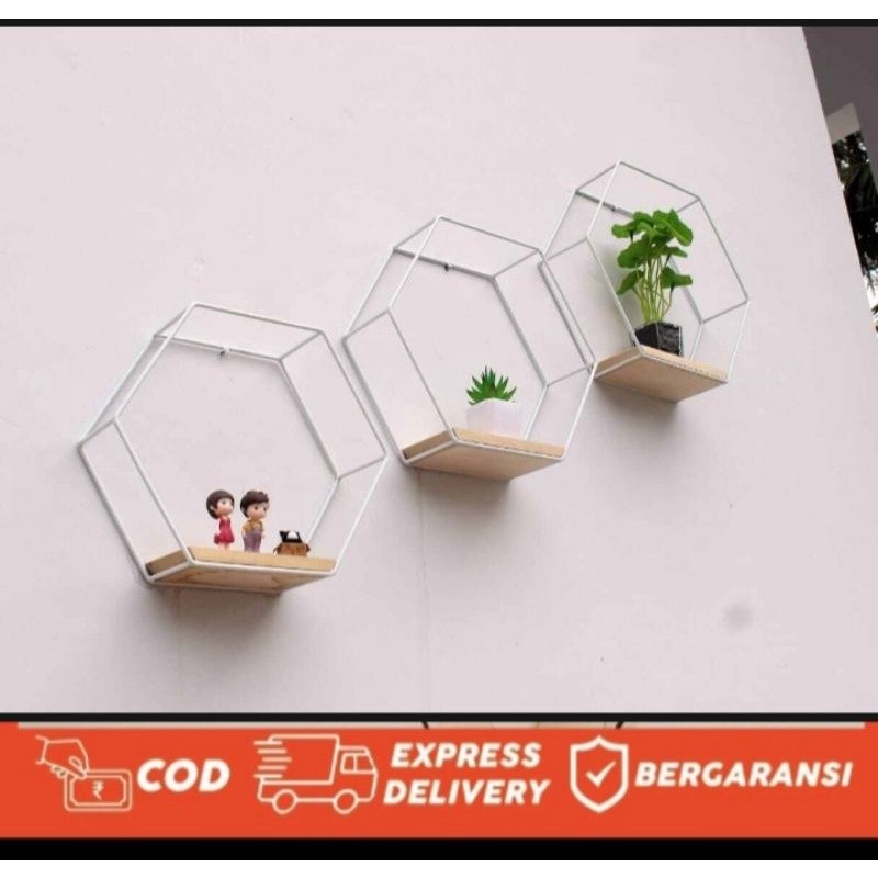 HIASAN DINDING RAK DINDING  SEGI ENAM HEXAGON BESI TEMPEL