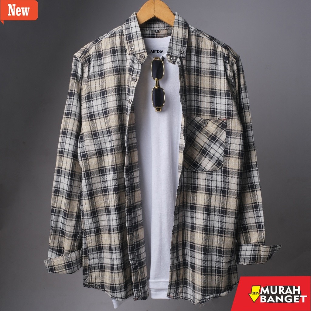kemeja kotak kotak cowok AETDLA Kemeja Pria Flanel Lengan Panjang Kotak Hitam-Cream
