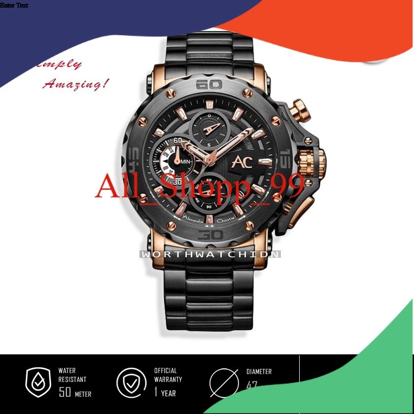 Jam Tangan Pria Besar Alexandre Christie AC9205 AC 9205 Chronograph Black Rose Gold Stainless Steel