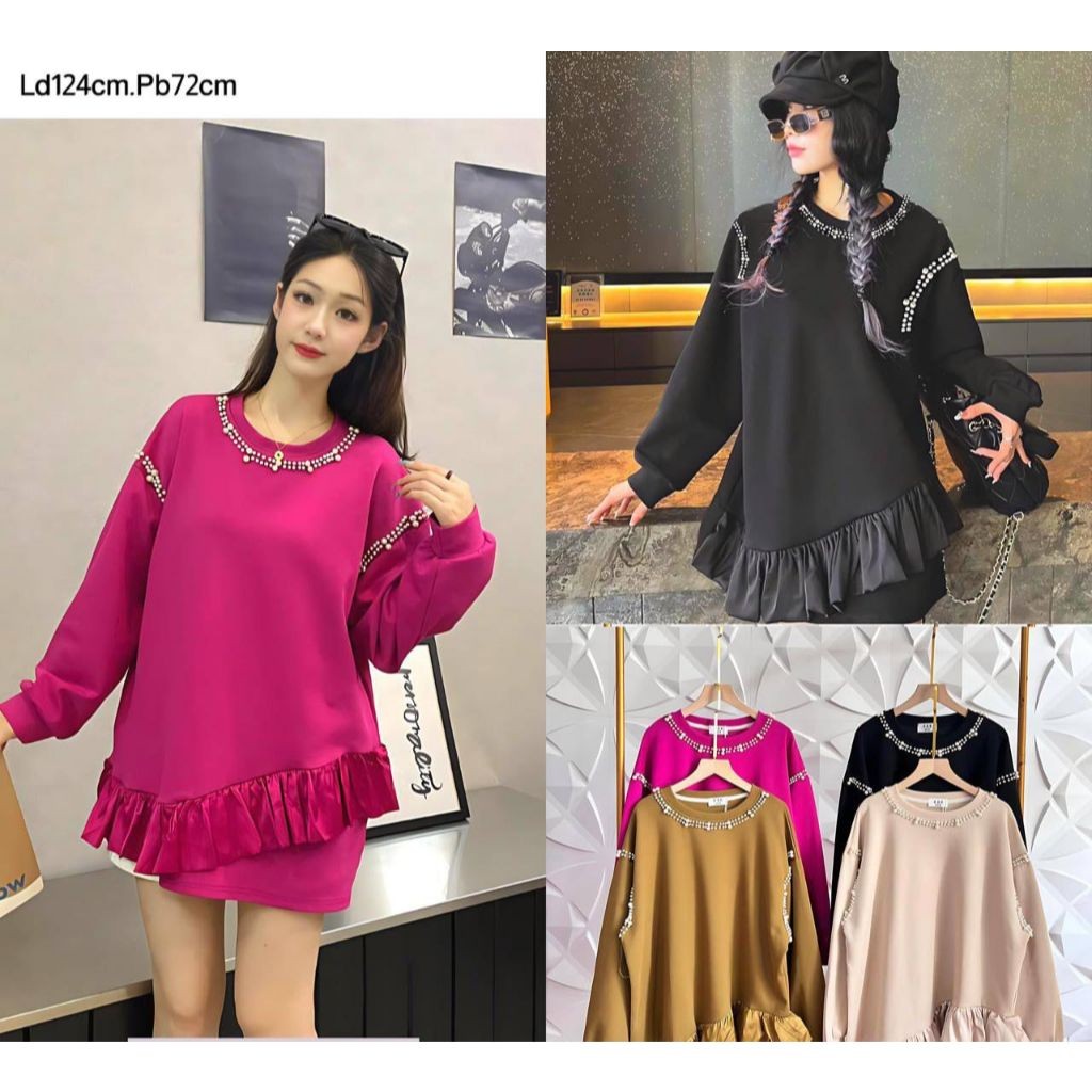 TUNIK LENGAN PANJANG BAHAN KATUN WANITA KOMBINASI SATIN SILK MIX KERAH PAYET PEARL MIX PAYET PEARL B