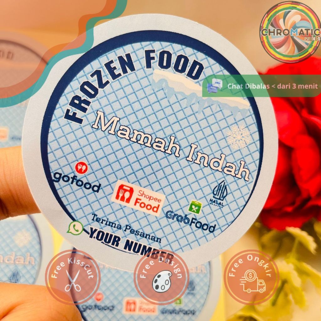 

chromatic 5-8 Sticker Label Makanan Beku Free Desain Produk Frozen Food Bulat Chromo Custom Murah