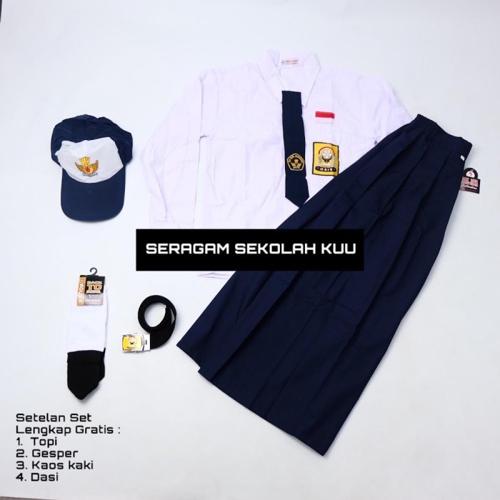 Setelan Super Lengkap Seragam Sekolah SMP BAJU PANJANG ROK PANJANG Perempuan Cewek - Topi Biru Putih