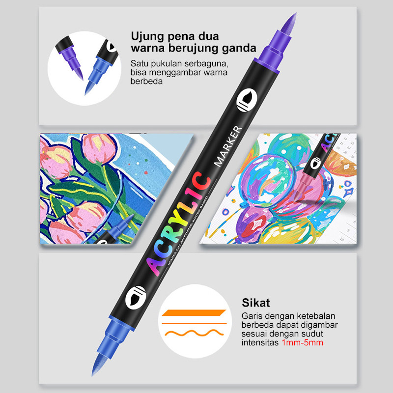 

D3W! Spidol Akrilik Dual-Head Dual-Color , Set Melukis 24/48/72 Warna, Pensil Coret-Coret, Set