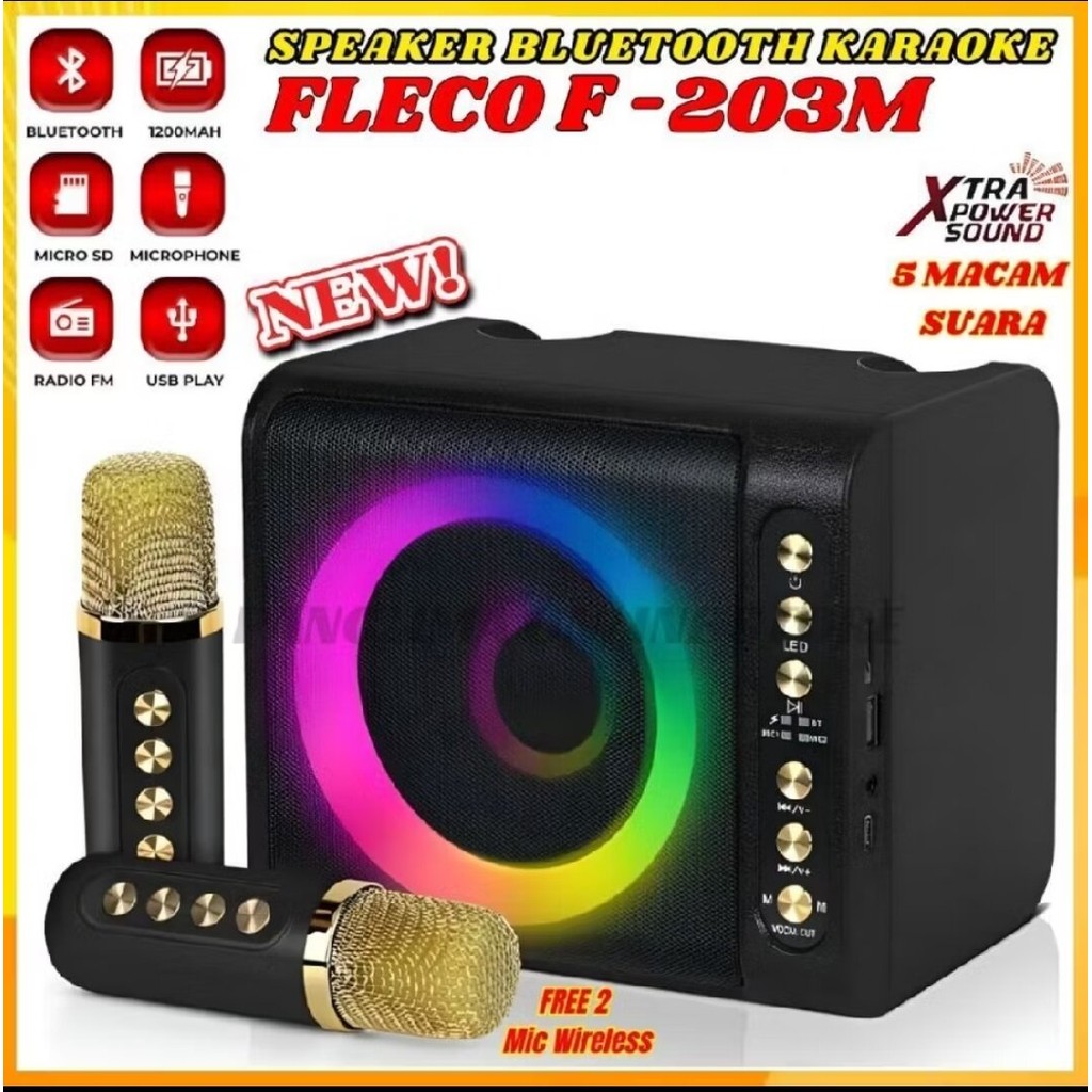 SERBA COD FLECO SPEAKER BLUETOOTH KARAOKE FLECO F203 BLUETOOTH SPEAKER 2MIC  HD SOUND QUALITY 4 INCH