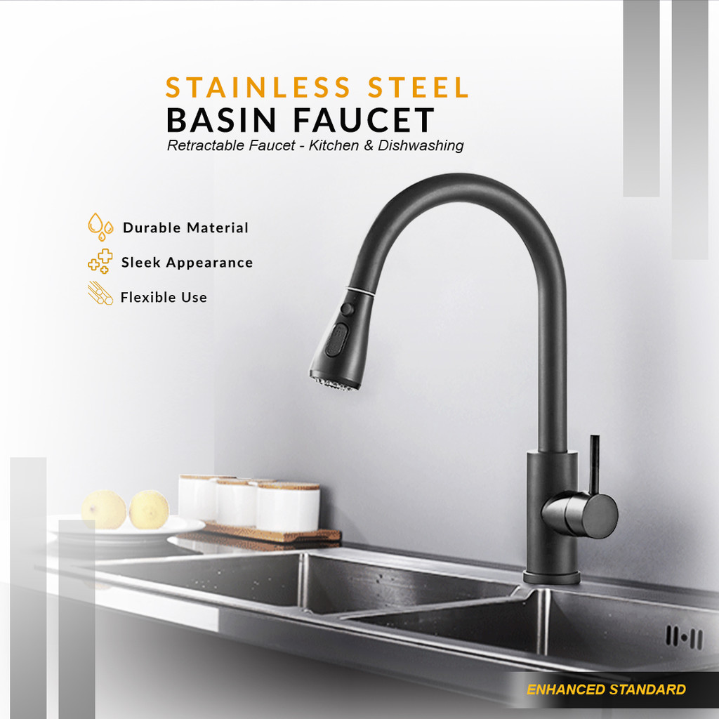 Kran Air Wastafel Lengkung Tarik Fleksibel Hitam Stainless Steel