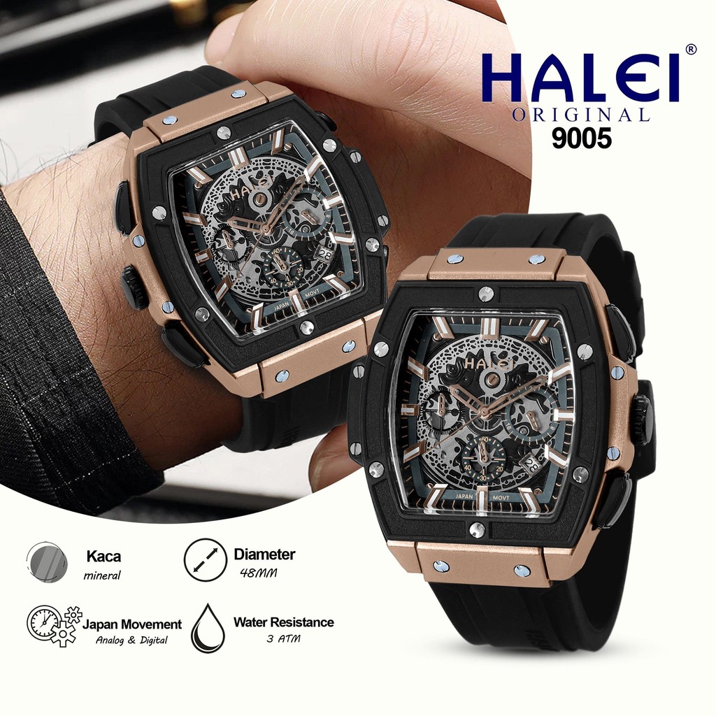 HALEI IND 9005 - Bergaransi Jam Tangan Pria Chronograph Original Sporty Tali Rubber Tanggal Analog A