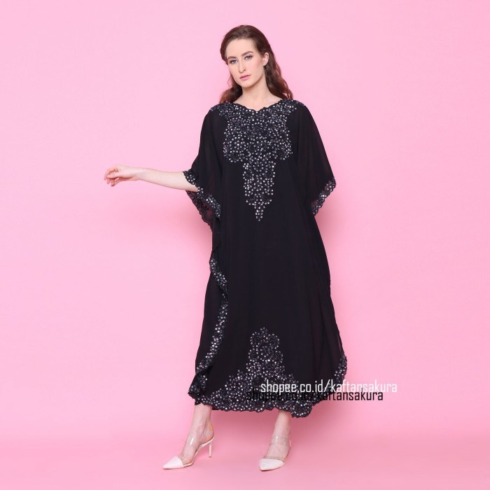 Kaftan Maxi Modern Payet Tipis Cantik Kaftan Sifon Putih Kaftan Remaja - NINA - PUTIH, TANPA MANSET