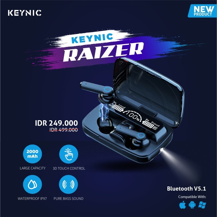 keynic raizer pure bass sound true wireless earbuds garansi 1 tahun