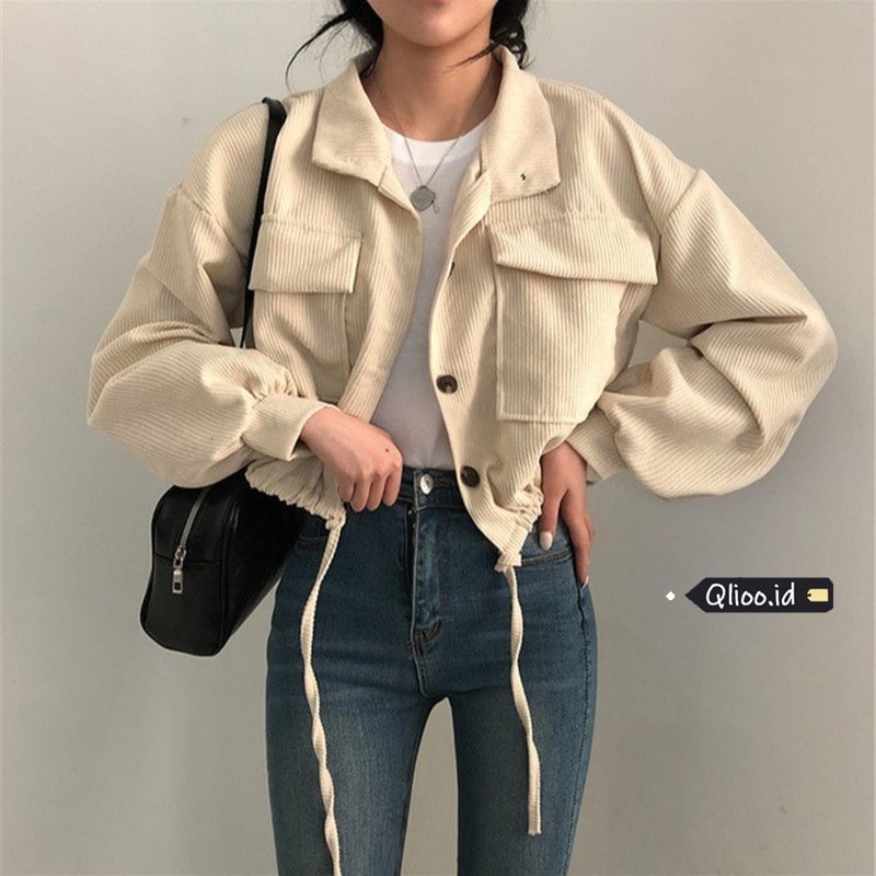 Jaket Crop Corduroy Wanita Korean Style  kolor Lengan Panjang Jacket Hitam