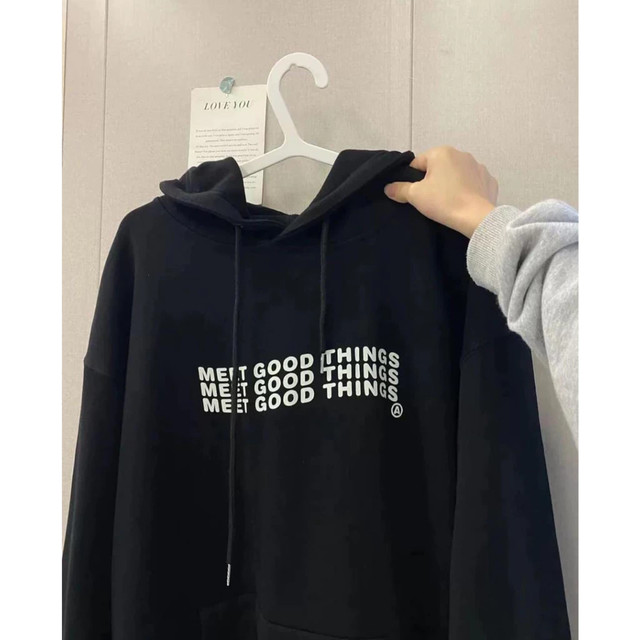Sweater Hoodie Meet Good Things Unisex Hitam Bahan Fleece