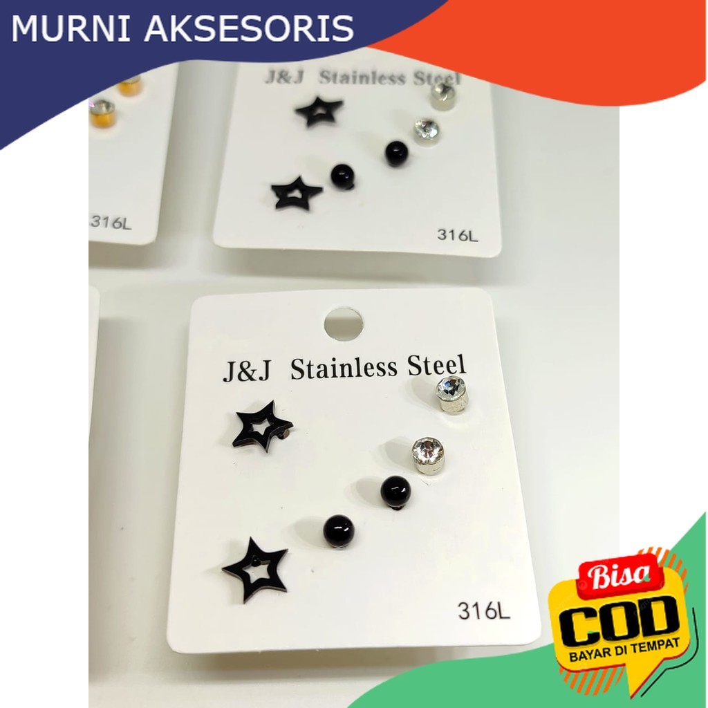 Murni Aksesoris. Anting Tusuk 6 Pcs (3 pasang) Warna HItam Keren Fashion Ala Korea Set anting fashio