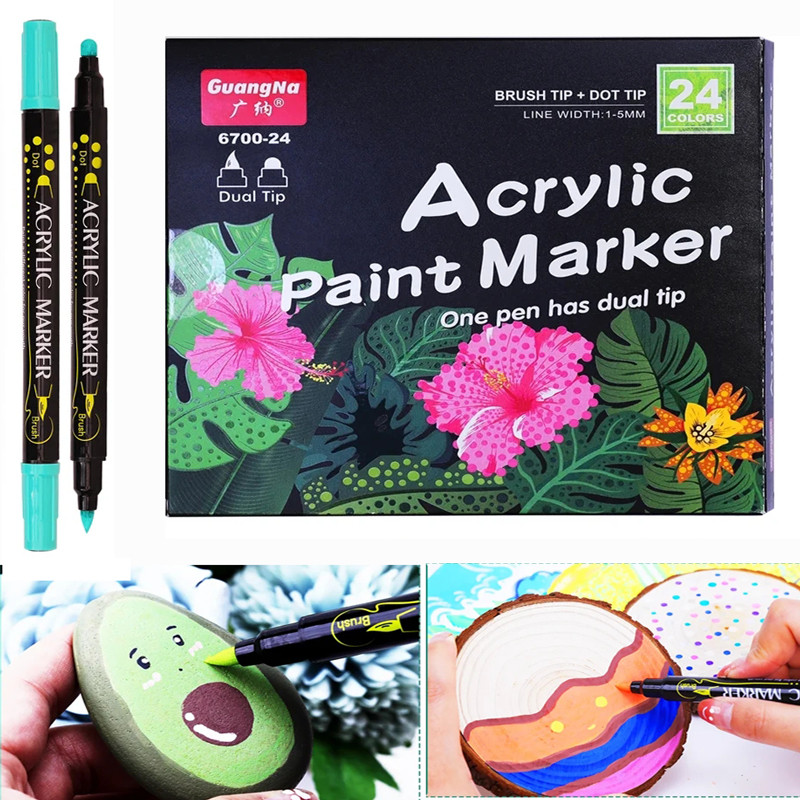 

24 Colors Dot Acrylic Paint Markers Set Dual Tip Brush Paint Pens for Rock Painting Canvas Plastic Metal Wood Stone Art Supplies