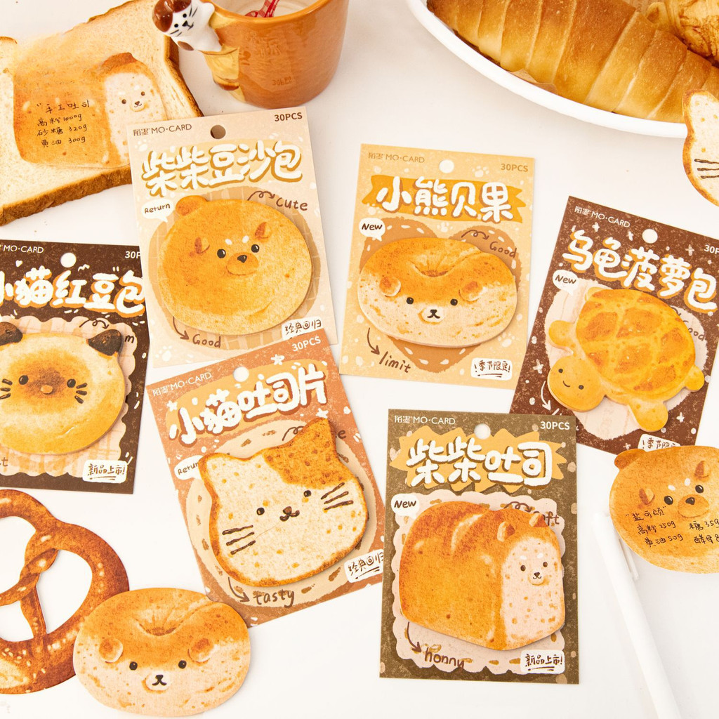 

30 Sheets Bread Story Self-Adhesive Note Pad Creative Cute Toast Bread Fruits N Times Posted Student Writable Memo