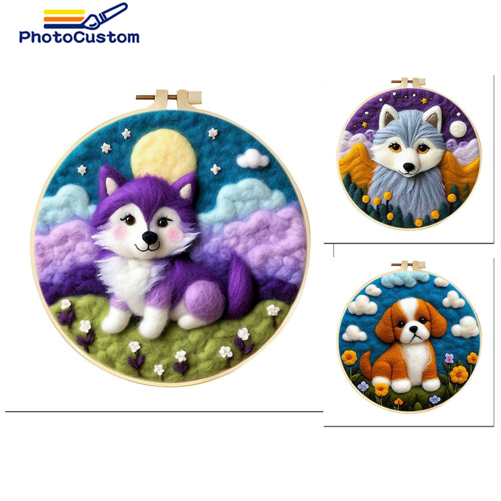 

PhotoCustom Wool Felting Painting Kit Funny Diy Felt Crafts Package Wolf Felt Needle Complete Kit For Handwork Home Decoration