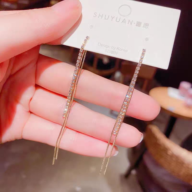 anting tindik/tusuk titanium permata rumbai panjang