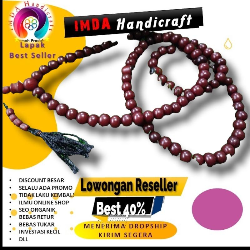 IMDAHANDICRAFT TASBIH BIJI POCOK WARNA MERAH GEBANG LONTAR GIWANG 99 BIJI 14 MM