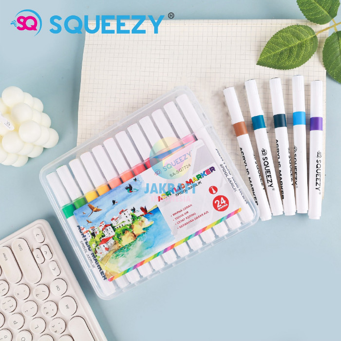 

jt Set Spidol Kuas Acrylic Brush Permanent Pen Marker 24 Warna SQUEEZY SA-SQ7724 Permanen Segala Permukaan Gelas Kertas Kaca Akrilik Lebih Pekat Opaque Tebal 2 mm