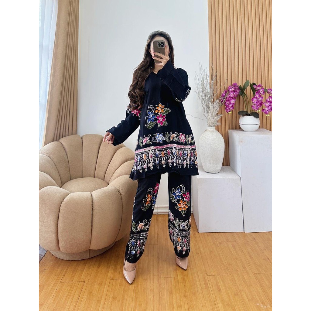 Setelan Piyama Celana Panjang Cap Wanita Motif Batik Premium Rayon Lengan Panjang