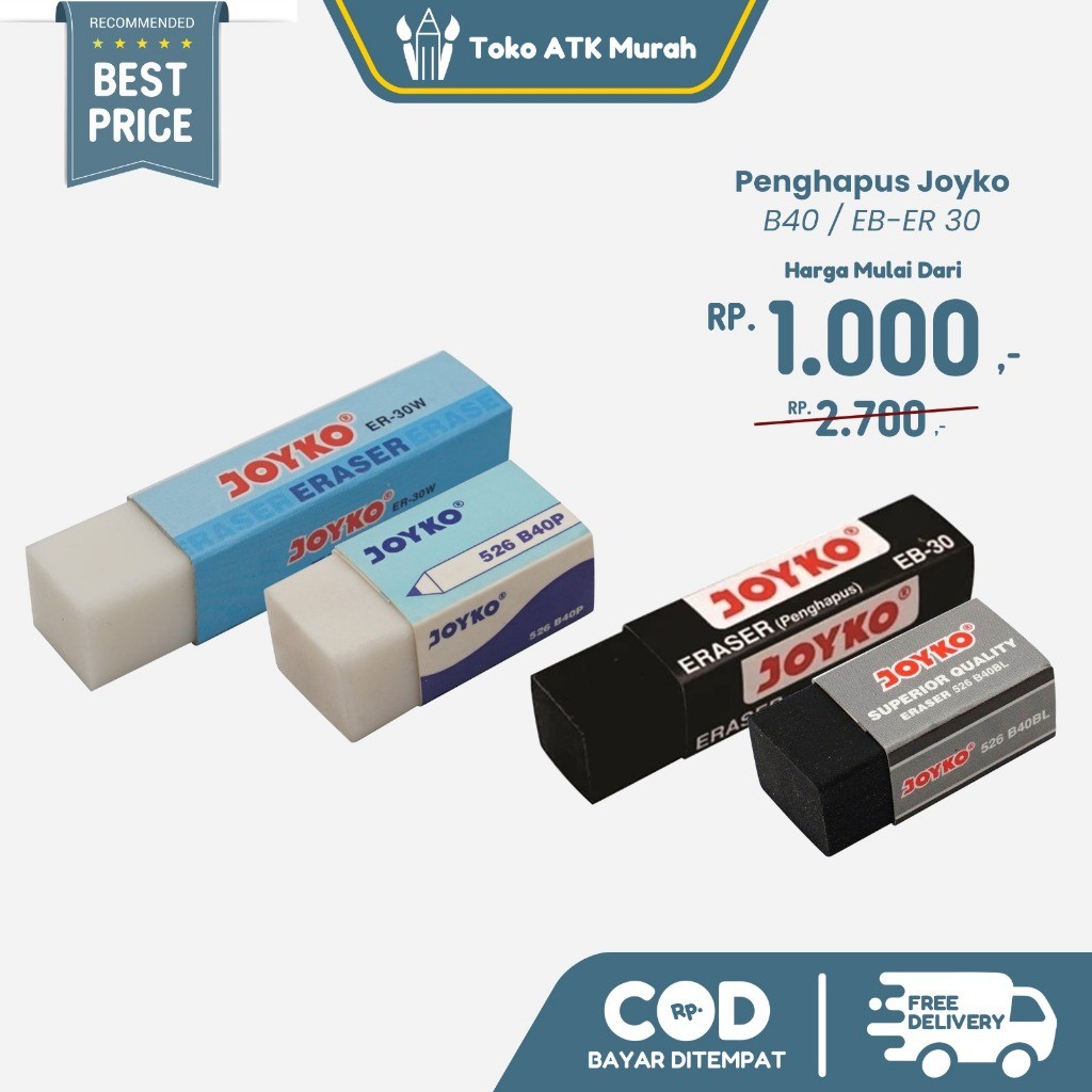 

Penghapus Pensil Joyko B40BL / B40P / EB-30 / ER-30W Penghapus Karet Kecil Sedang Hitam Putih